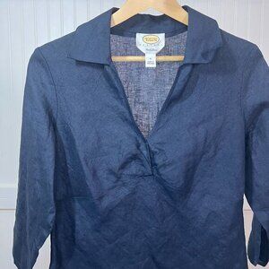 Talbots Vtg Blouse Minimalist Irish Linen Women's Navy V-Neck 3/4 Sleeve Top 6